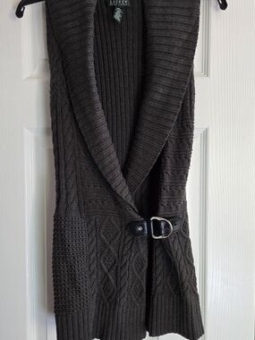 Lauren Ralph Lauren Charcoal Ribbed Knit Vest with Buckle